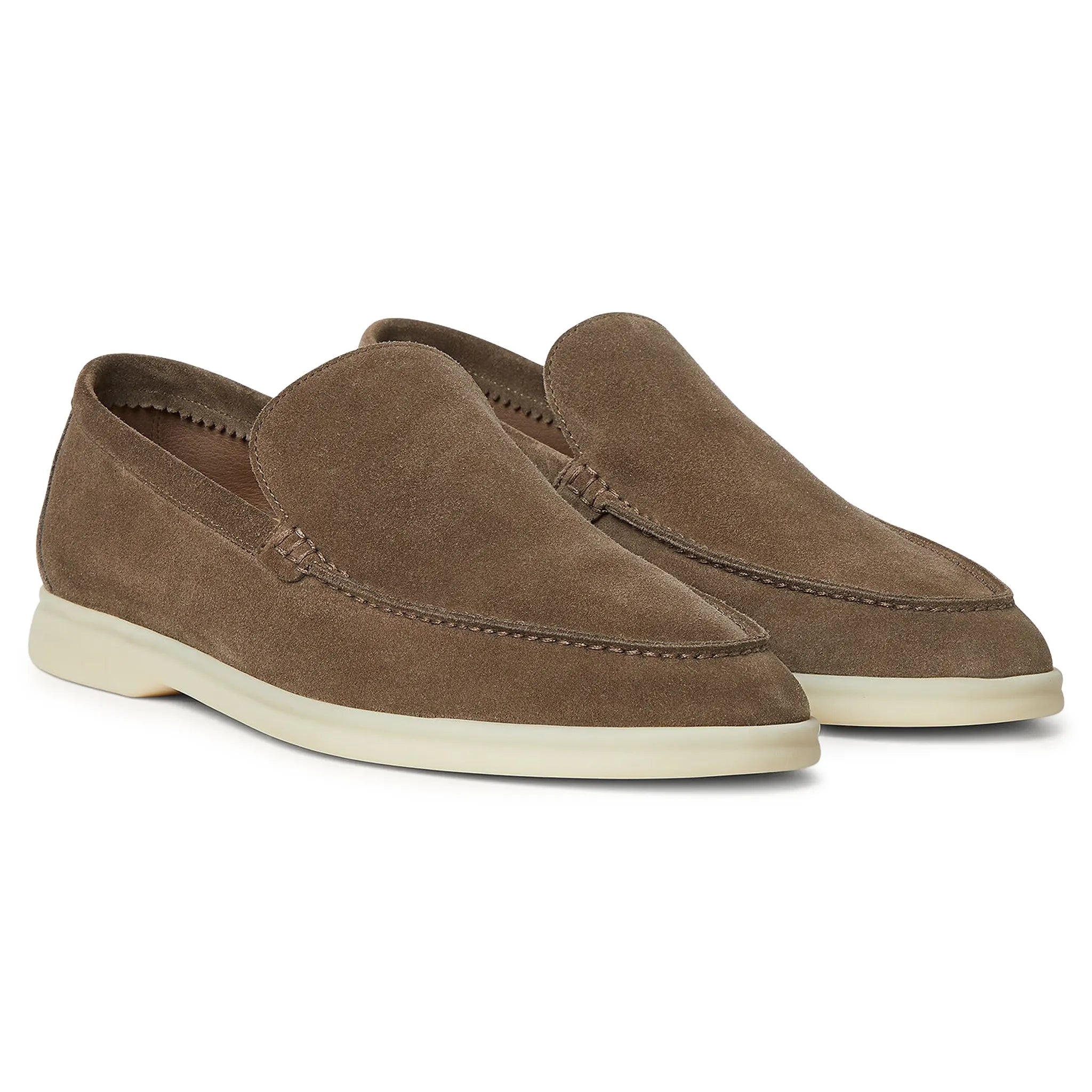 Front Side View of Loro Piana Summer Walk Suede Canteen Loafers FAE8124_M0XI